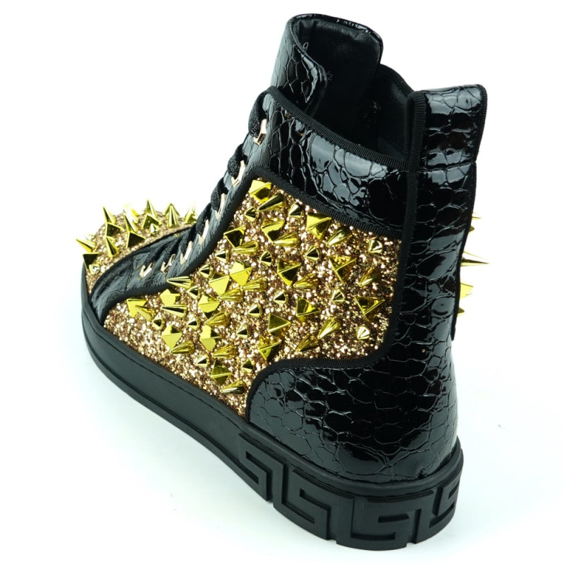 Fiesso FI-2369 Black Gold Spikes High Top Sneakers