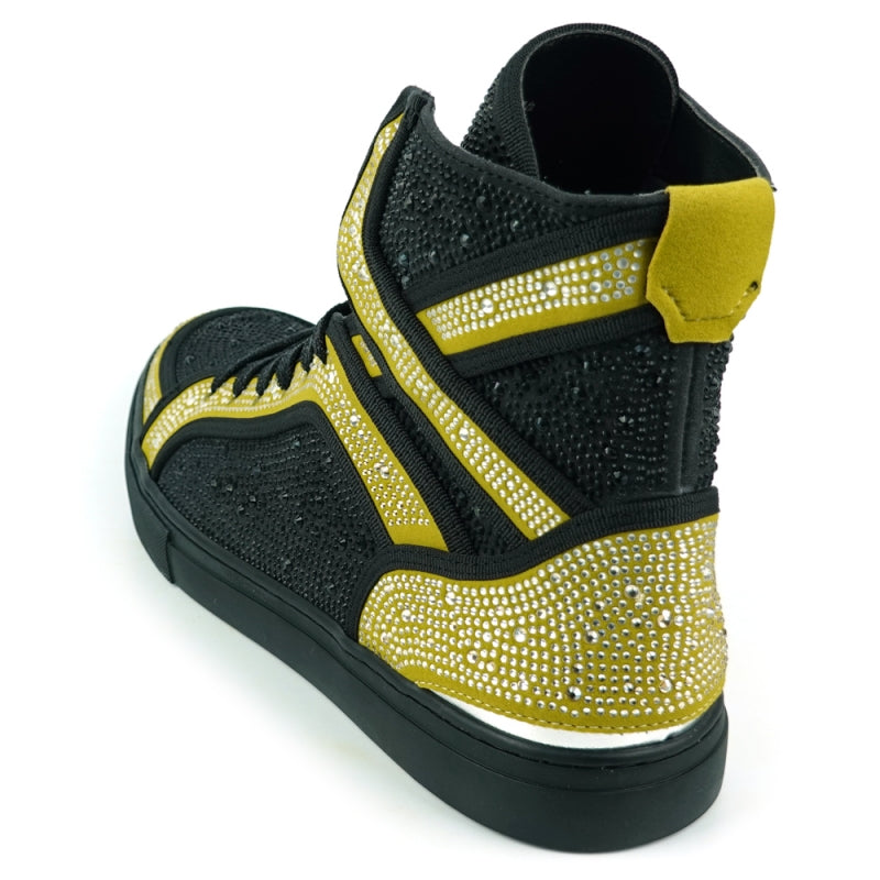 Fiesso FI-2402 Black Gold Rhinestones High Top Sneakers