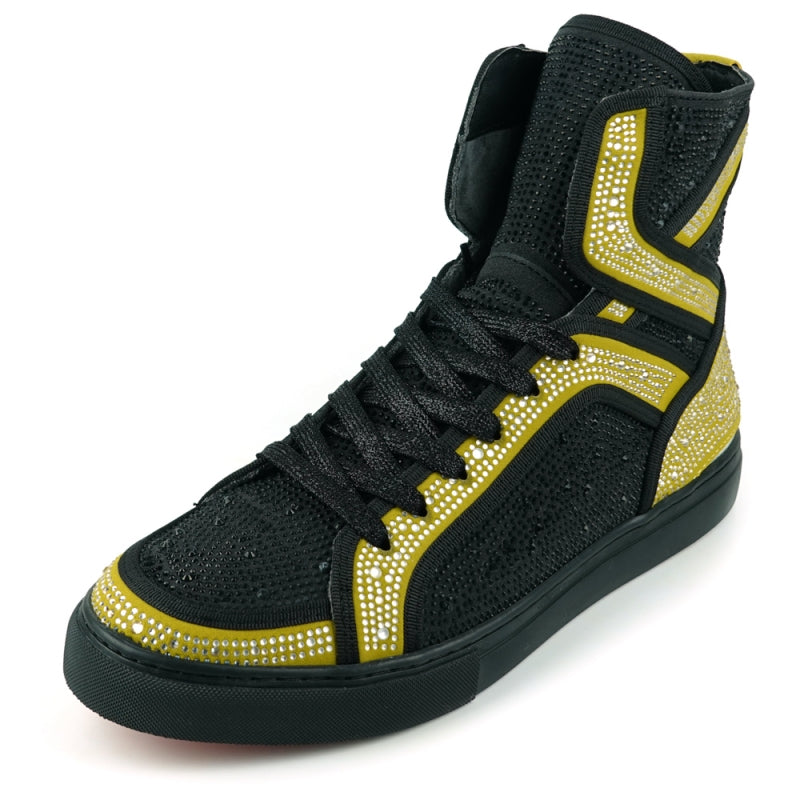 Fiesso FI-2402 Black Gold Rhinestones High Top Sneakers