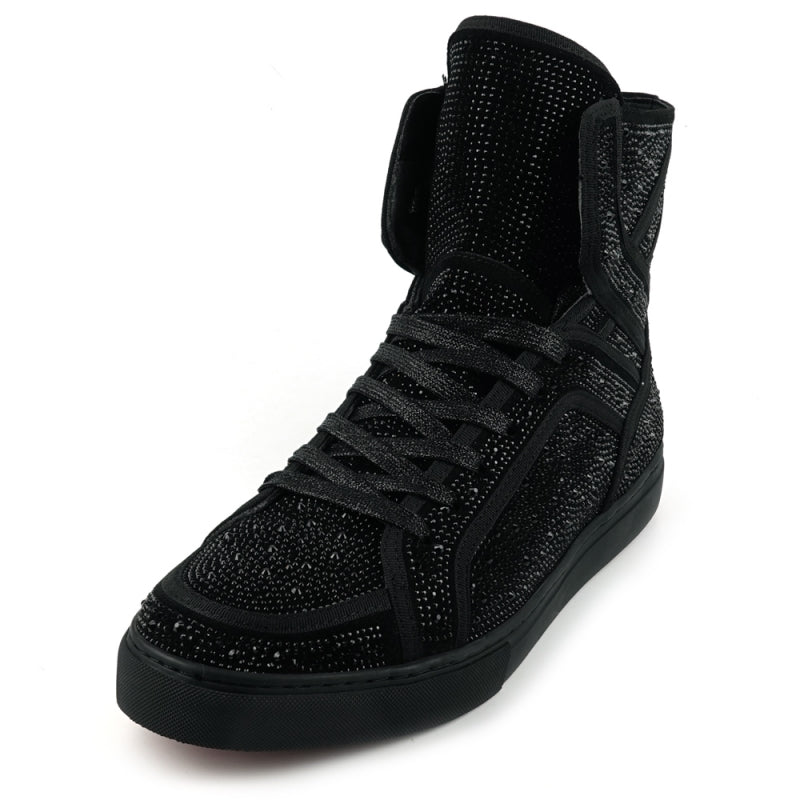 Fiesso FI-2402 Black Rhinestones High Top Sneakers