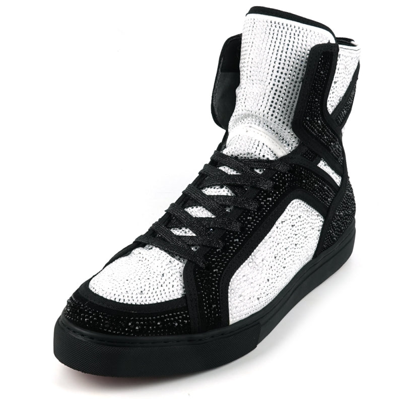 Fiesso FI-2402 Black White Rhinestones High Top Sneakers