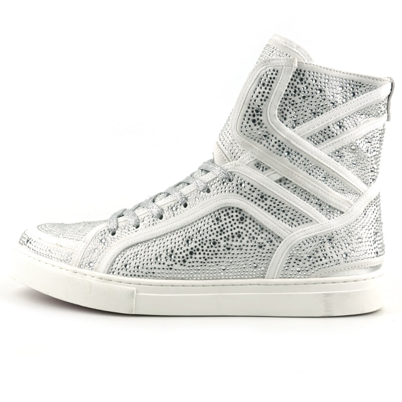 Fiesso FI-2402 White Rhinestones High Top Sneakers