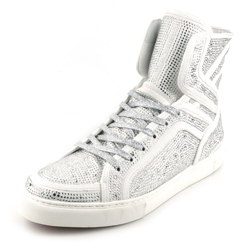 Fiesso FI-2402 White Rhinestones High Top Sneakers