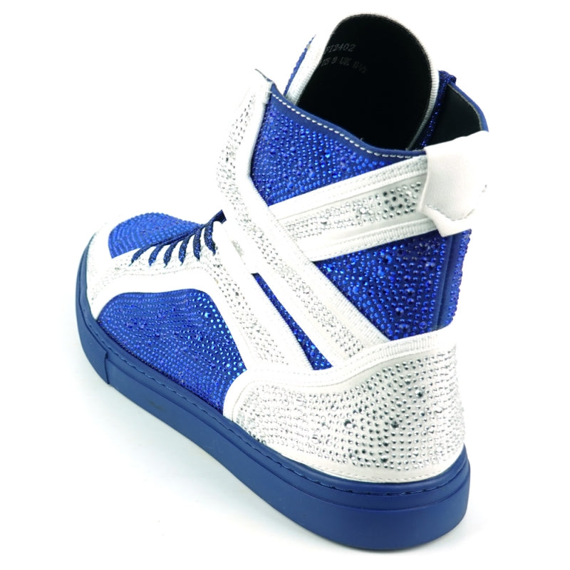 Fiesso FI-2402 White Blue Rhinestones High Top Sneakers