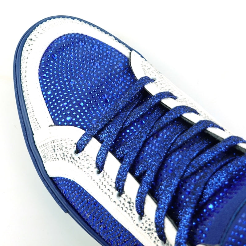 Fiesso FI-2402 White Blue Rhinestones High Top Sneakers