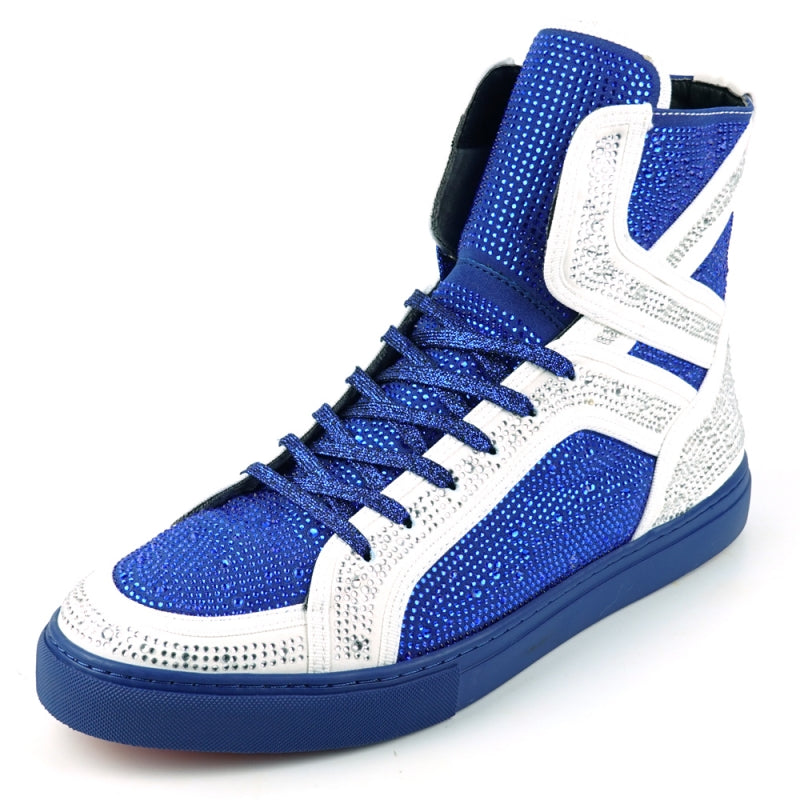 Fiesso FI-2402 White Blue Rhinestones High Top Sneakers