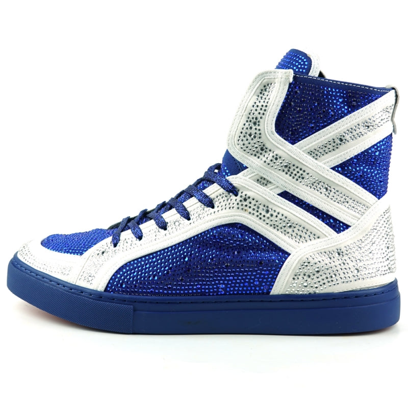 Fiesso FI-2402 White Blue Rhinestones High Top Sneakers