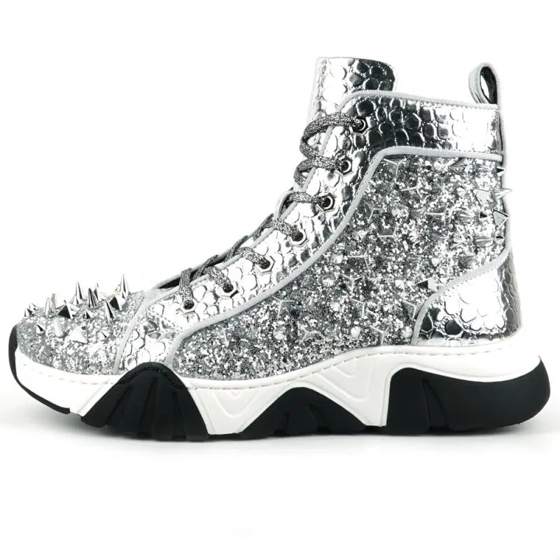 Fiesso FI-2405 Silver Spikes High Top Encore Sneakers