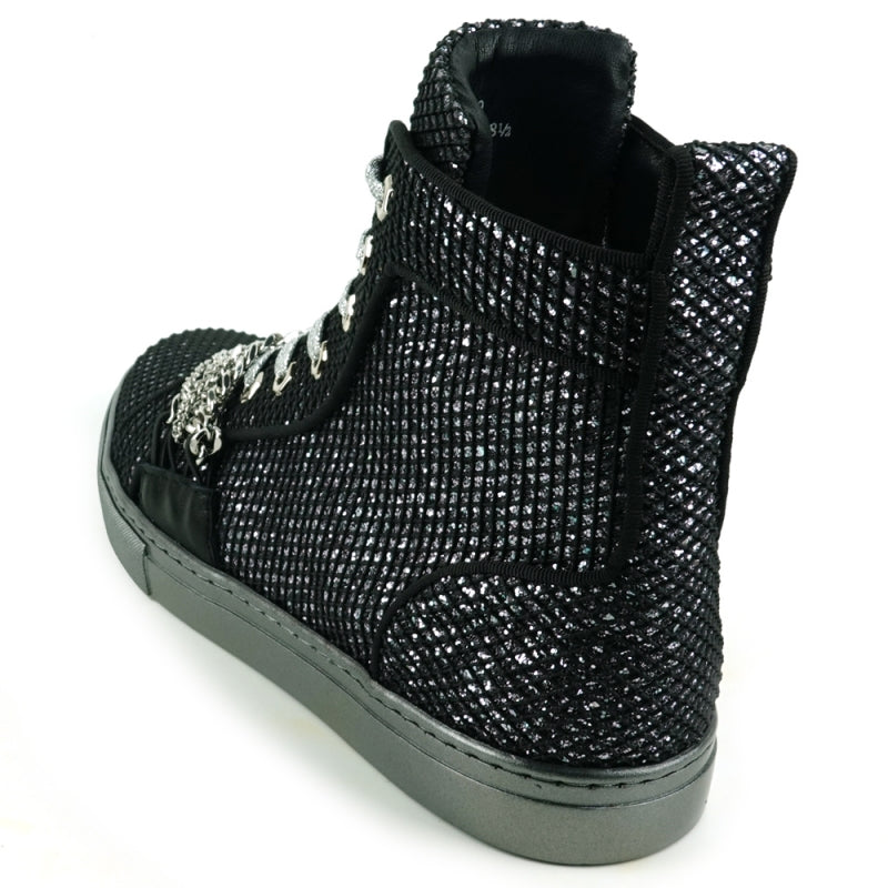 Fiesso FI-2410 Black Silver Chain High Top Encore Sneakers