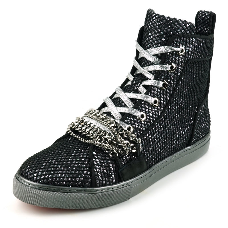 Fiesso FI-2410 Black Silver Chain High Top Encore Sneakers