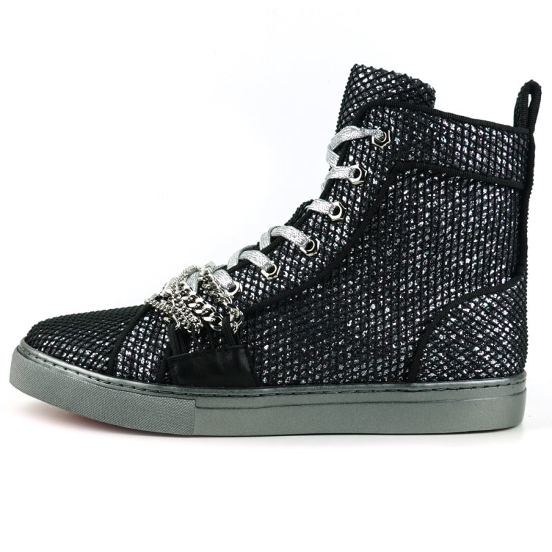 Fiesso FI-2410 Black Silver Chain High Top Encore Sneakers