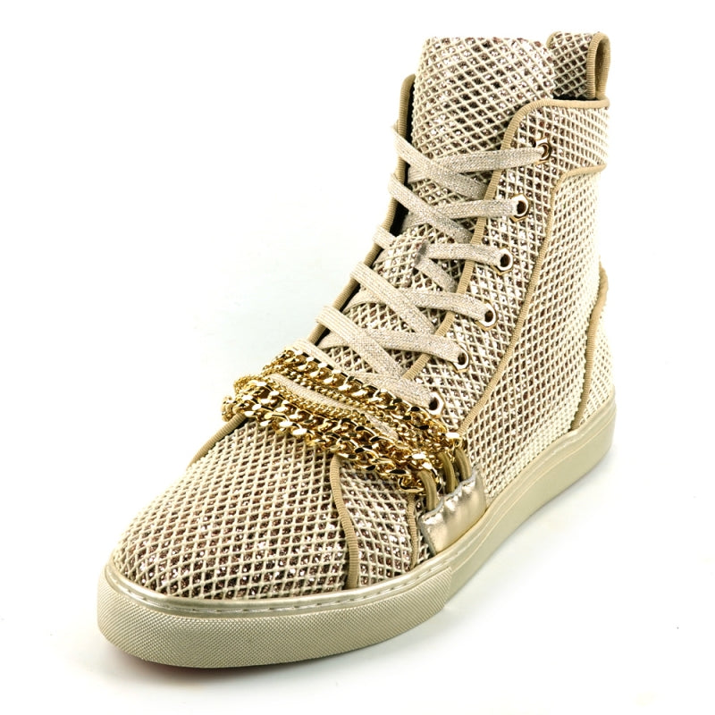 Fiesso FI-2410 White Gold Chain High Top Encore Sneakers