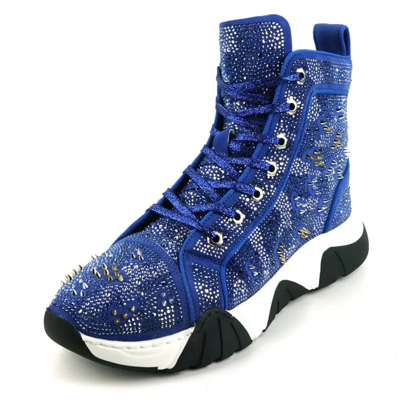Fiesso FI-2412 Blue Suede Rhinestones Spikes Encore Sneakers