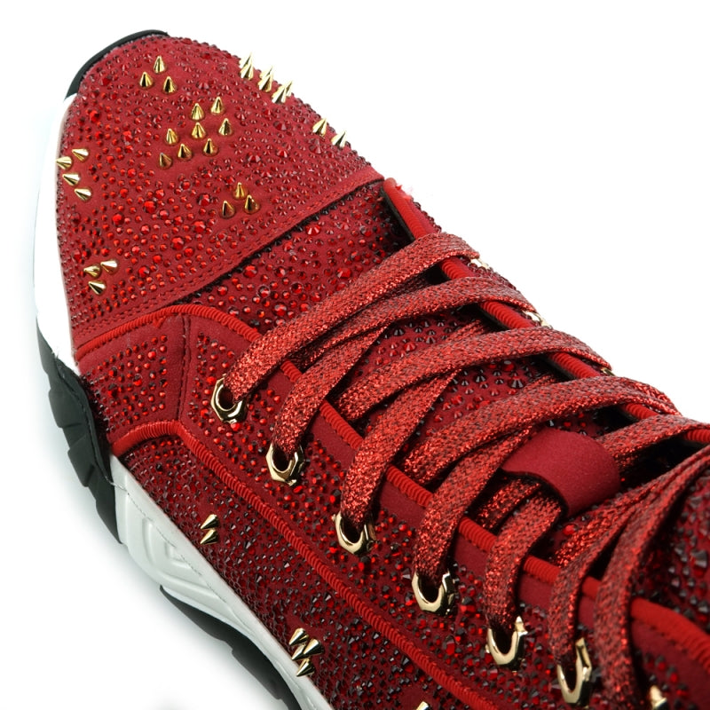 Fiesso FI-2412 Red Suede Rhinestones Spikes Encore Sneakers