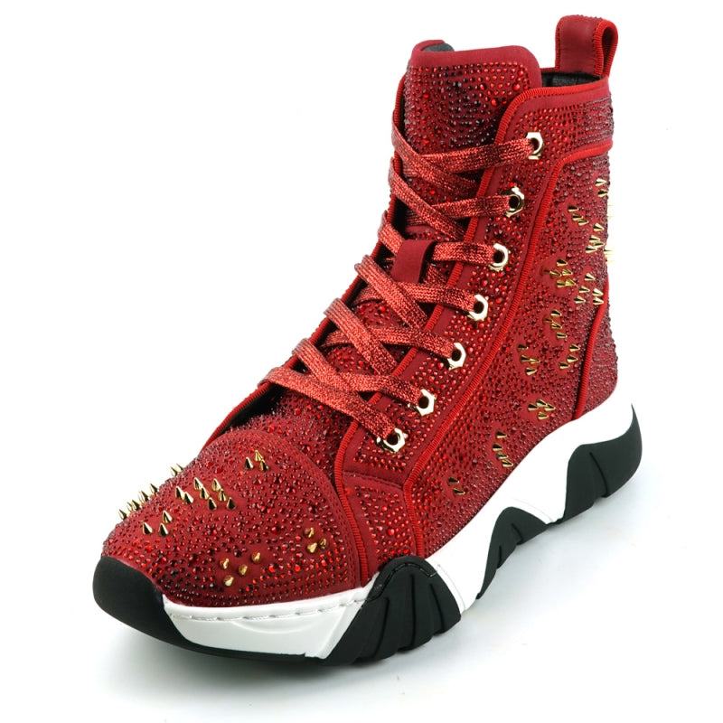 Fiesso FI-2412 Red Suede Rhinestones Spikes Encore Sneakers