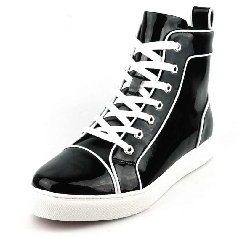 Fiesso FI-2416 Black Patent Leather High Top Sneakers