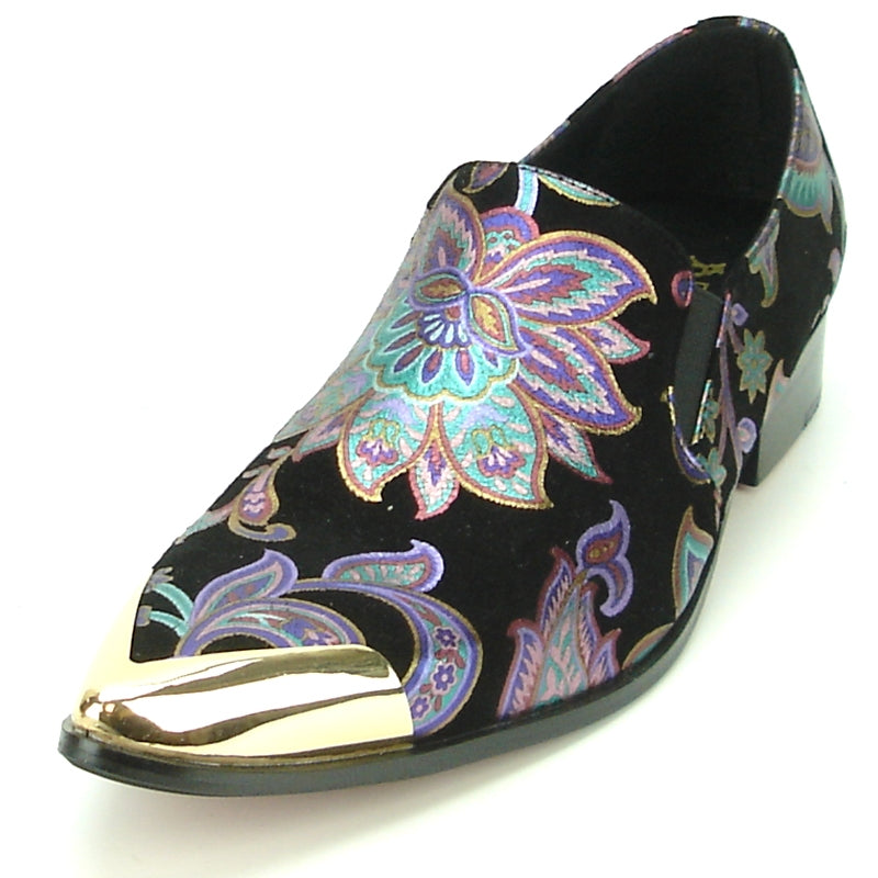 Fiesso FI-7133 Black Floral Metal Tip Loafers