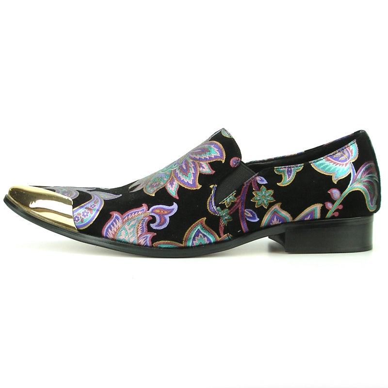 Fiesso FI-7133 Black Floral Metal Tip Loafers