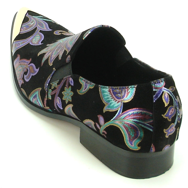 Fiesso FI-7133 Black Floral Metal Tip Loafers