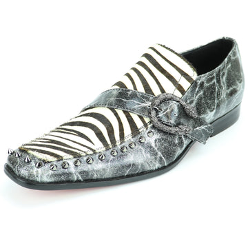 Fiesso FI-7248 Black White Zebra Slip on Monk Straps