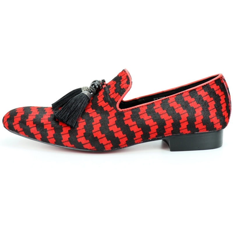 Fiesso FI-7254 Black Red Pony hair Slip on With Tassel Loafers