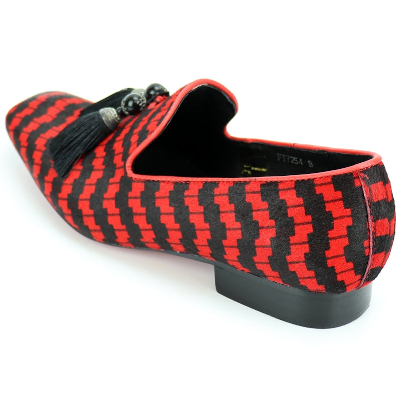 Fiesso FI-7254 Black Red Pony hair Slip on With Tassel Loafers