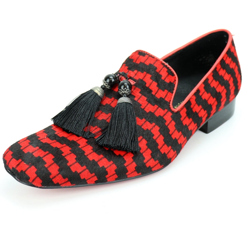 Fiesso FI-7254 Black Red Pony hair Slip on With Tassel Loafers