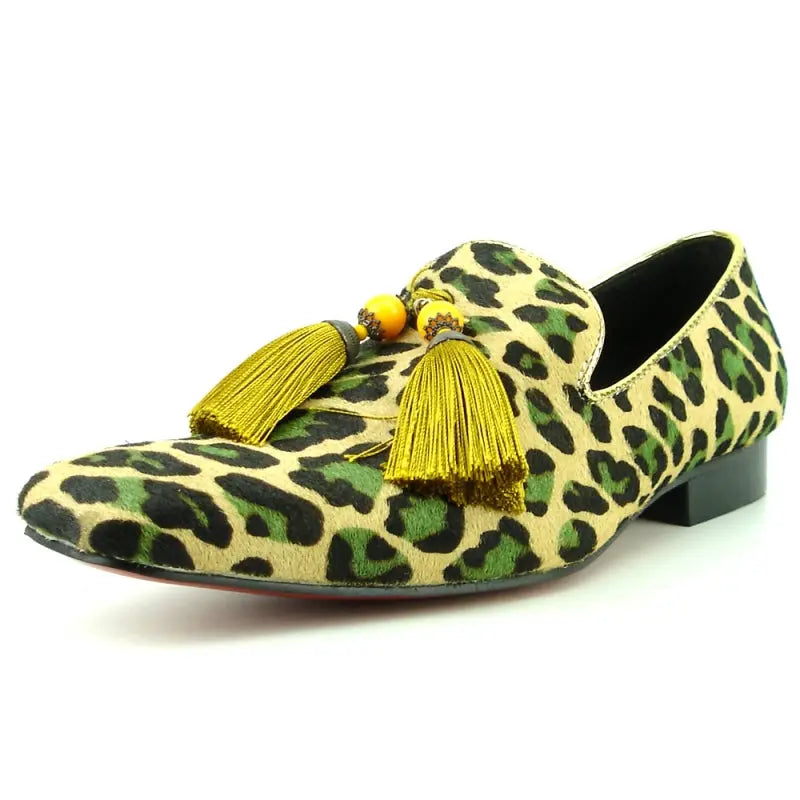 Fiesso FI-7254 Leopard Pony hair Slip on With Tassel Loafers Suit Essence