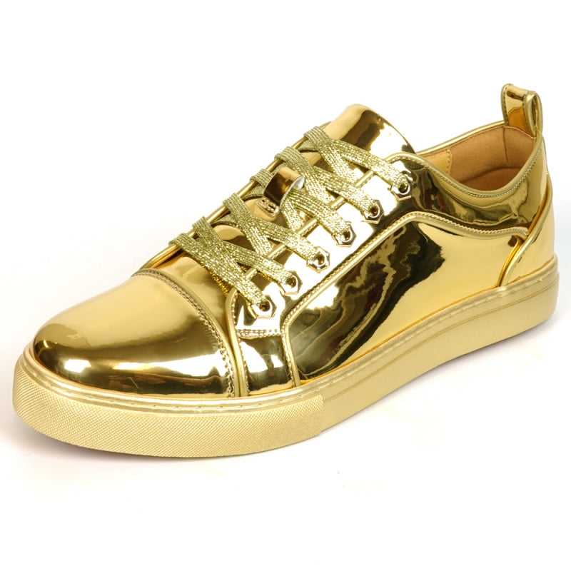 Fiesso FI-2415-2 Gold Patent Lace up Low Cut Leather Sneakers