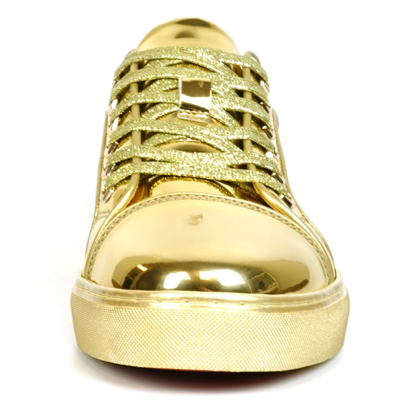 Fiesso FI-2415-2 Gold Patent Lace up Low Cut Leather Sneakers