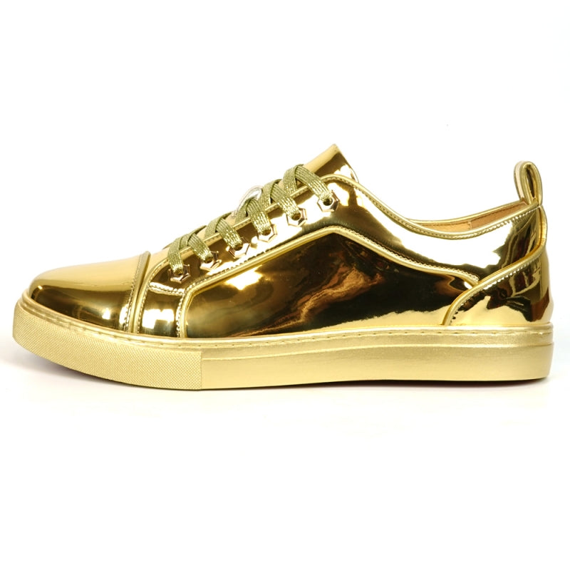 Fiesso FI-2415-2 Gold Patent Lace up Low Cut Leather Sneakers