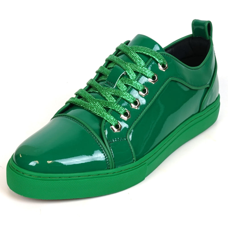 Fiesso FI-2415-2 Forest Green Patent Lace up Low Cut Leather Sneakers