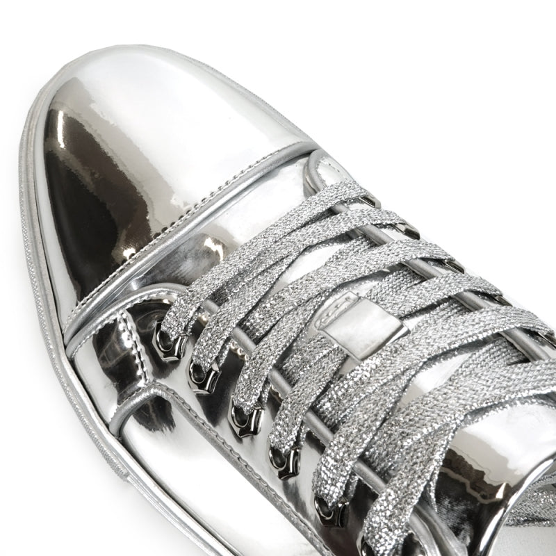 Fiesso FI-2415-2 Silver Patent Lace up Low Cut Leather Sneakers