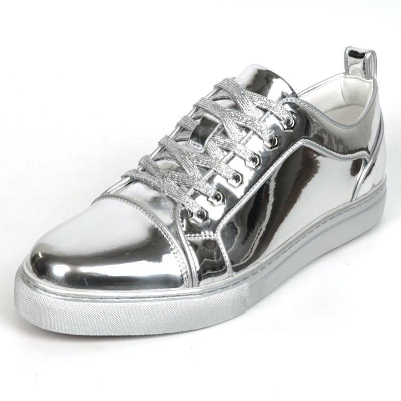 Fiesso FI-2415-2 Silver Patent Lace up Low Cut Leather Sneakers