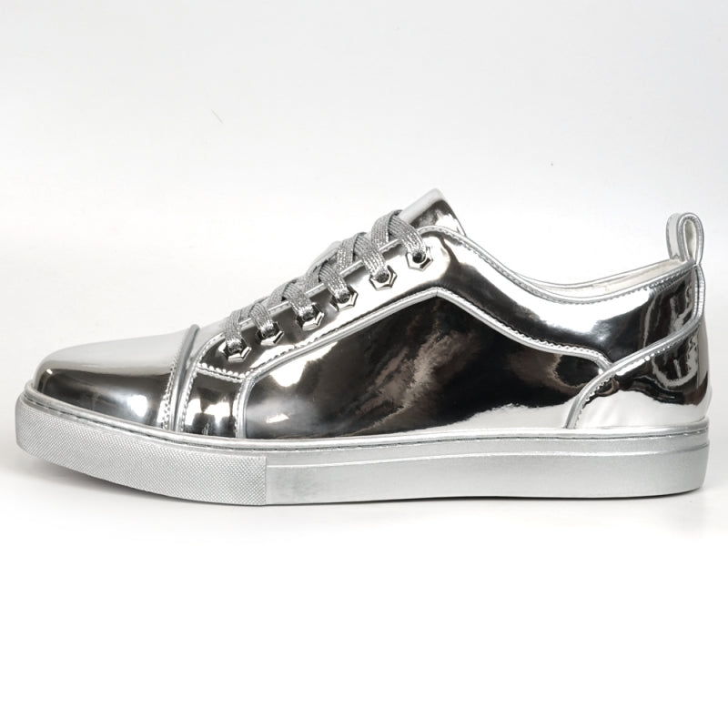 Fiesso FI-2415-2 Silver Patent Lace up Low Cut Leather Sneakers