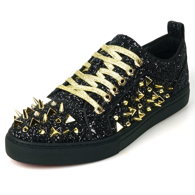 Fiesso FI-2429 Black Glitter Gold Spikes Low Cut Encore Sneakers