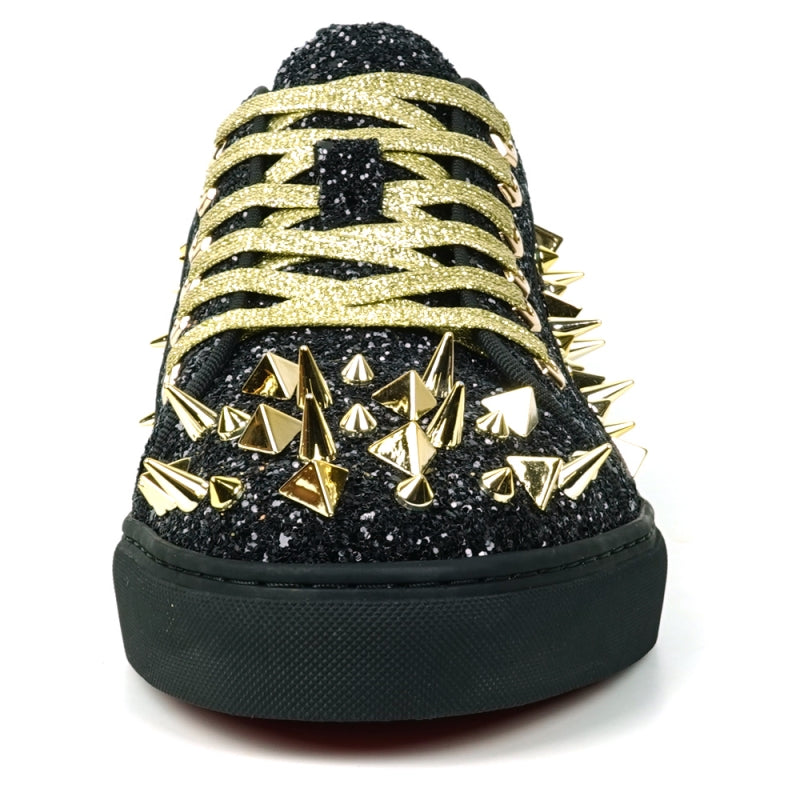 Fiesso FI-2429 Black Glitter Gold Spikes Low Cut Encore Sneakers