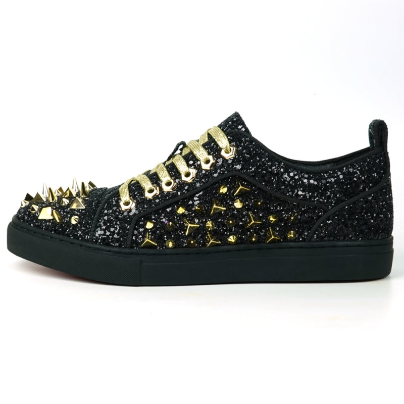 Fiesso FI-2429 Black Glitter Gold Spikes Low Cut Encore Sneakers