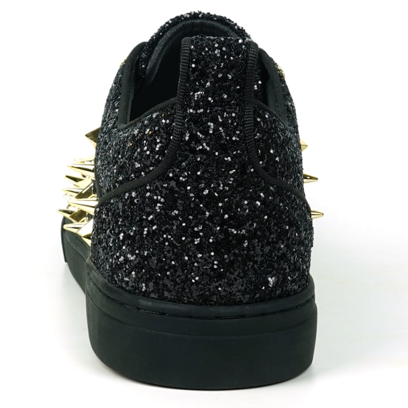 Fiesso FI-2429 Black Glitter Gold Spikes Low Cut Encore Sneakers