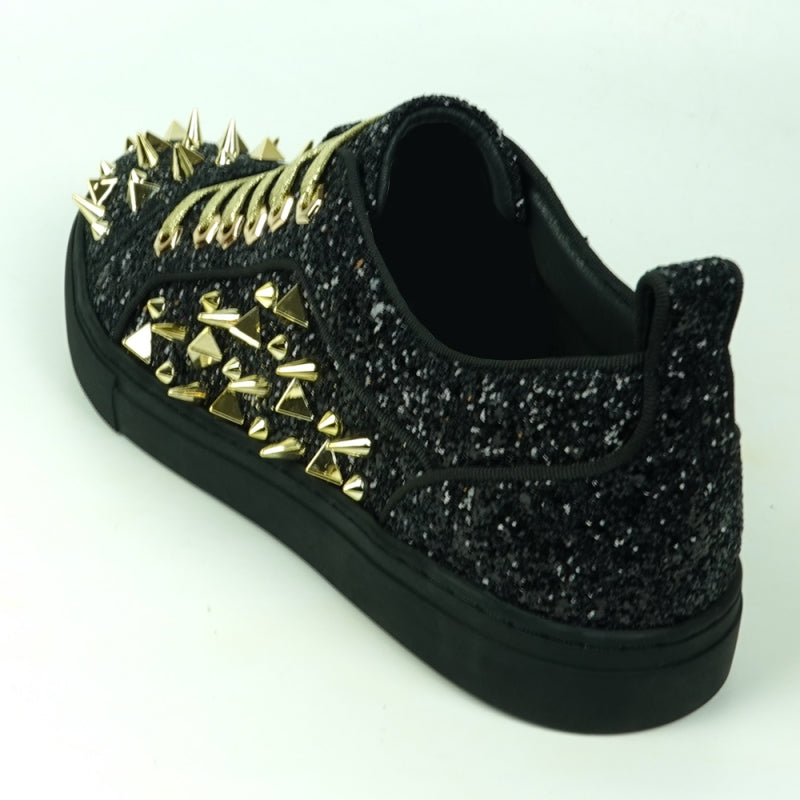 Fiesso FI-2429 Black Glitter Gold Spikes Low Cut Encore Sneakers