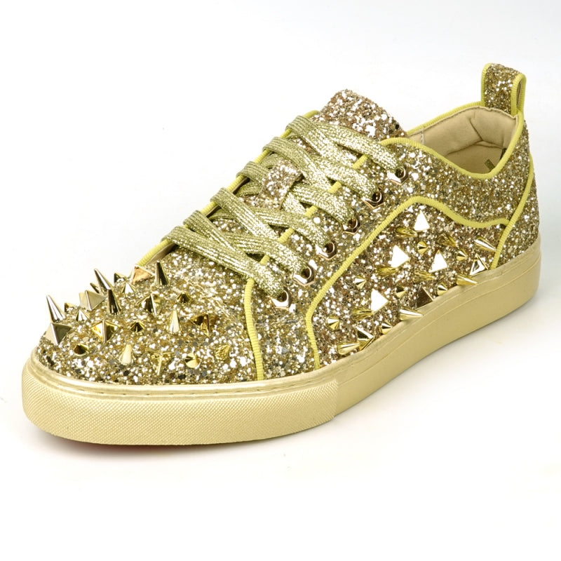 Fiesso FI-2429 Gold Glitter Gold Spikes Low Cut Encore Sneakers