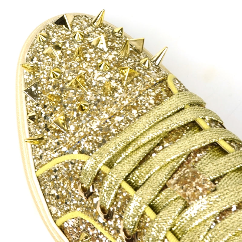 Fiesso FI-2429 Gold Glitter Gold Spikes Low Cut Encore Sneakers