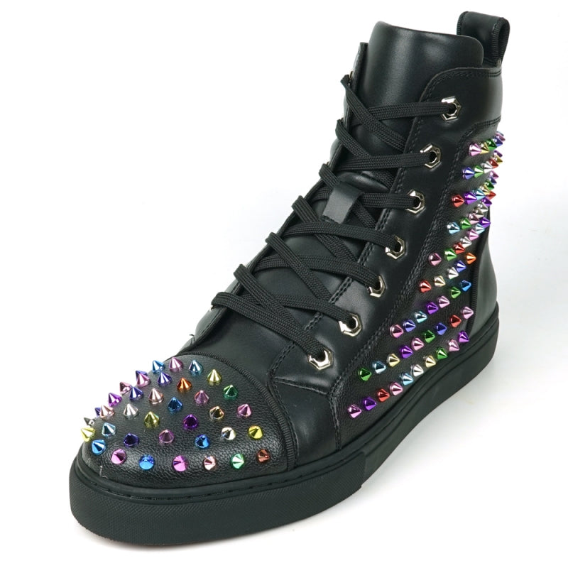 Fiesso FI-2430 Black Leather Multi Color Spikes High Top Encore Sneakers