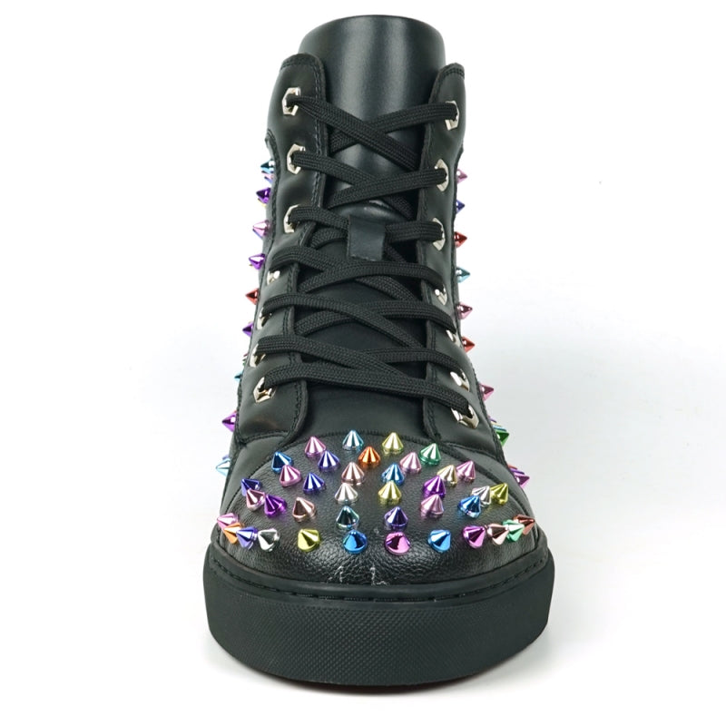 Fiesso FI-2430 Black Leather Multi Color Spikes High Top Encore Sneakers