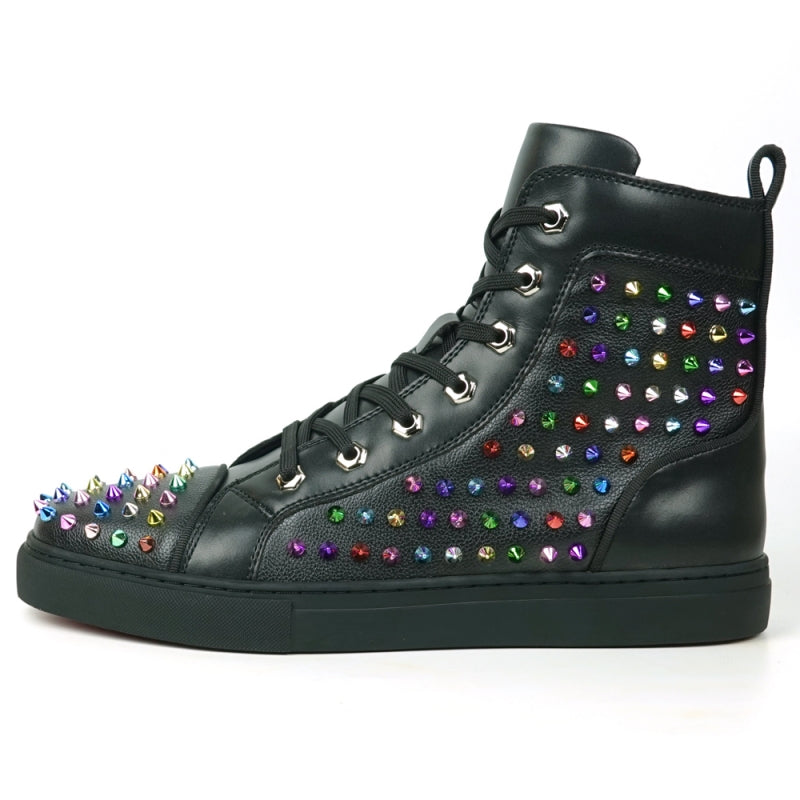 Fiesso FI-2430 Black Leather Multi Color Spikes High Top Encore Sneakers