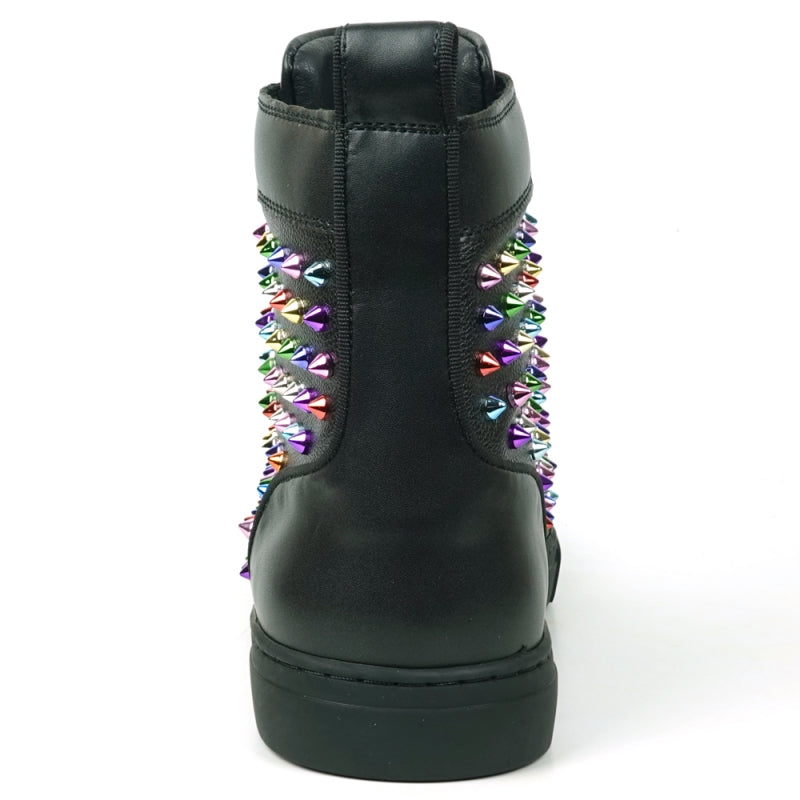 Fiesso FI-2430 Black Leather Multi Color Spikes High Top Encore Sneakers