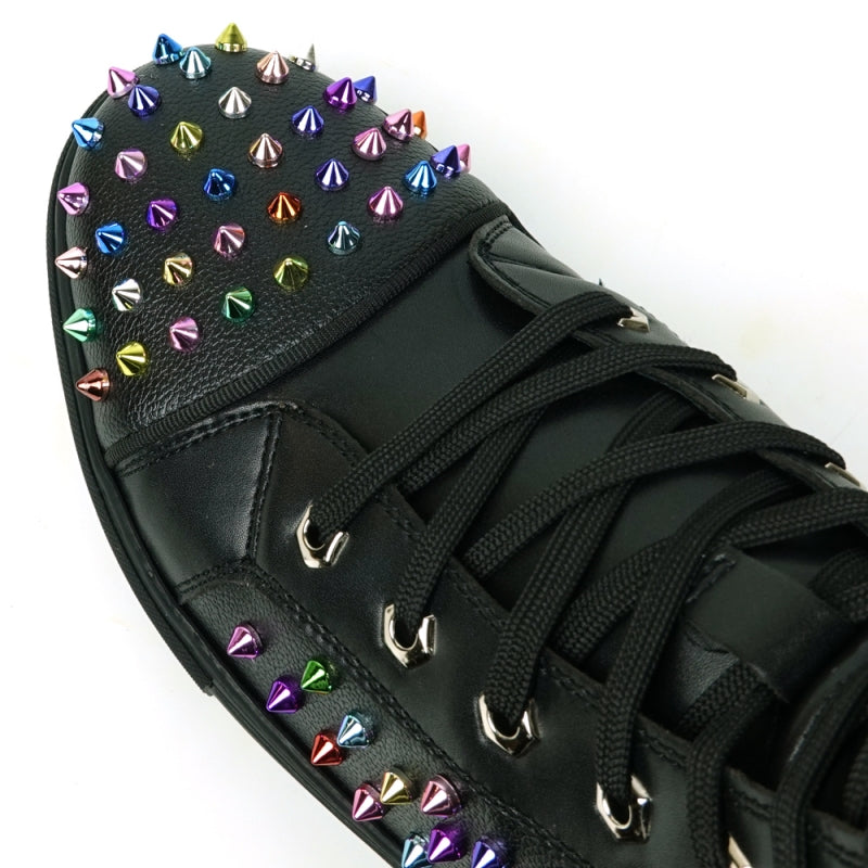 Fiesso FI-2430 Black Leather Multi Color Spikes High Top Encore Sneakers