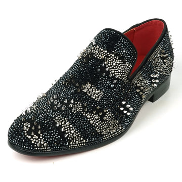 Fiesso FI-7516 Black Silver Suede Rhinestones Spikes Slip on Loafers