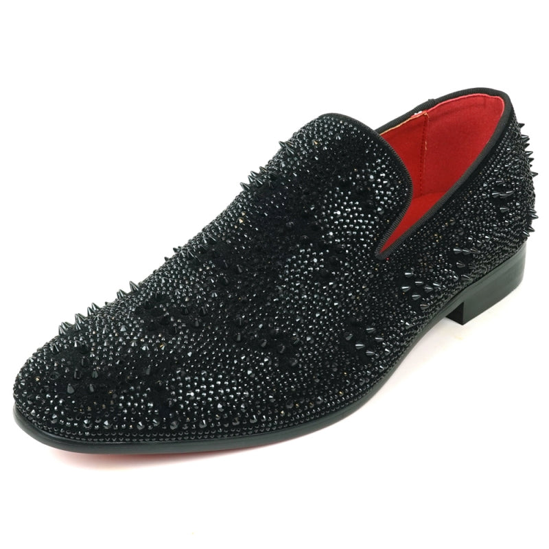 Fiesso FI-7516 Black Suede Rhinestones Spikes Slip on Loafers