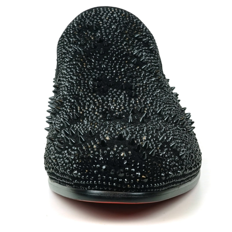 Fiesso FI-7516 Black Suede Rhinestones Spikes Slip on Loafers